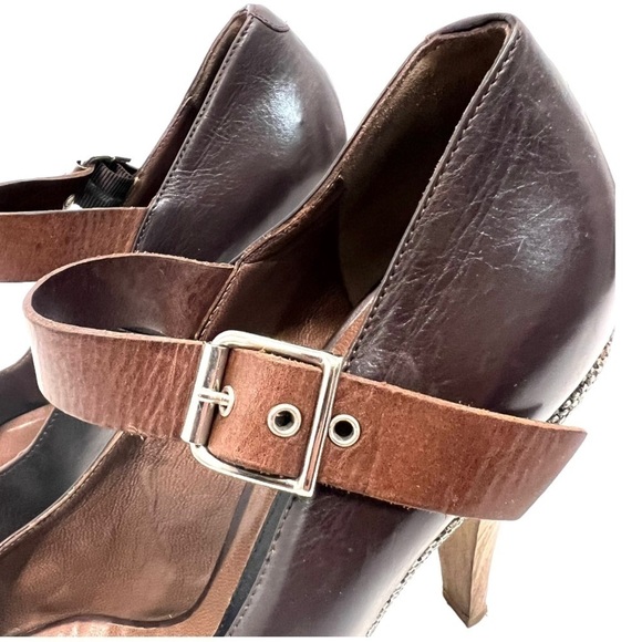 Marni Brown Leather Colorblock Tweed Peep Toe Maryjane Platform Heels Women’s 8 - Picture 10 of 12